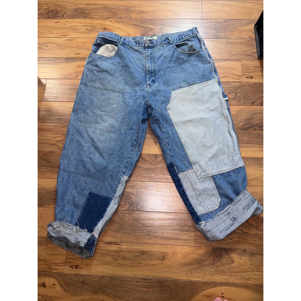 Raw Blue Mens Baggy Patchwork Jeans 42x32 Bling Baby Embroidered Y2K Hip Hop‎